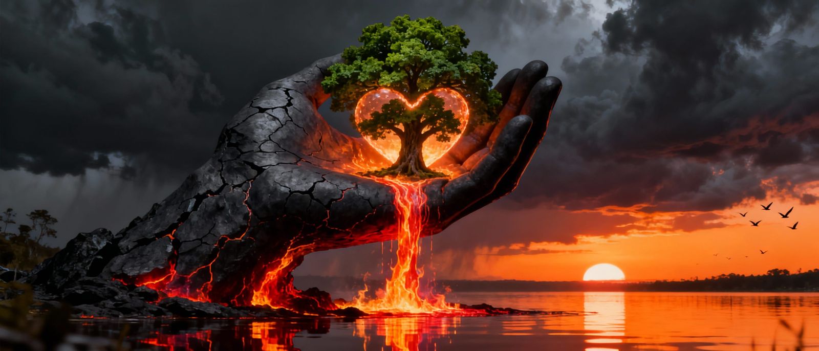 This digital artwork depicts a large, dark hand rising from a fiery lava flow, holding a glowing heart. ...  by @People Art