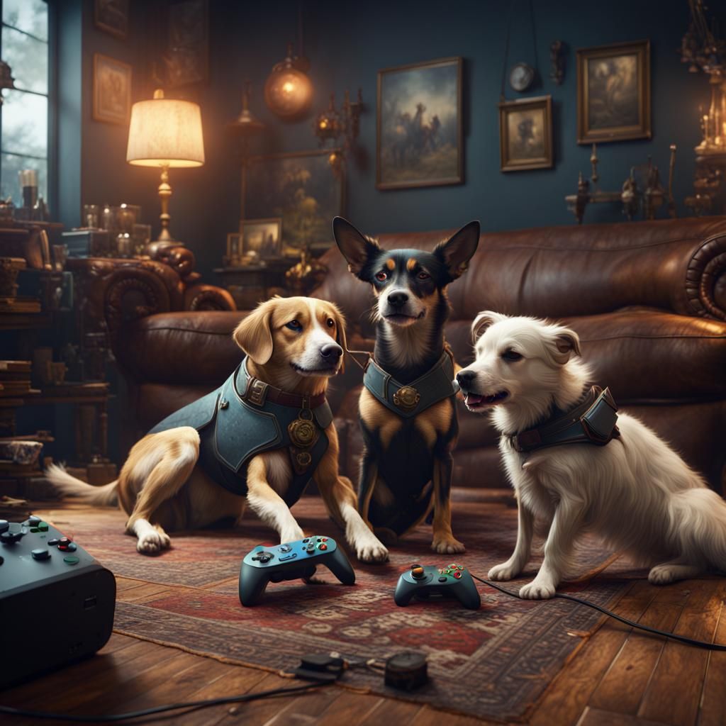 dogs playing video games AI Generated Artwork NightCafe Creator