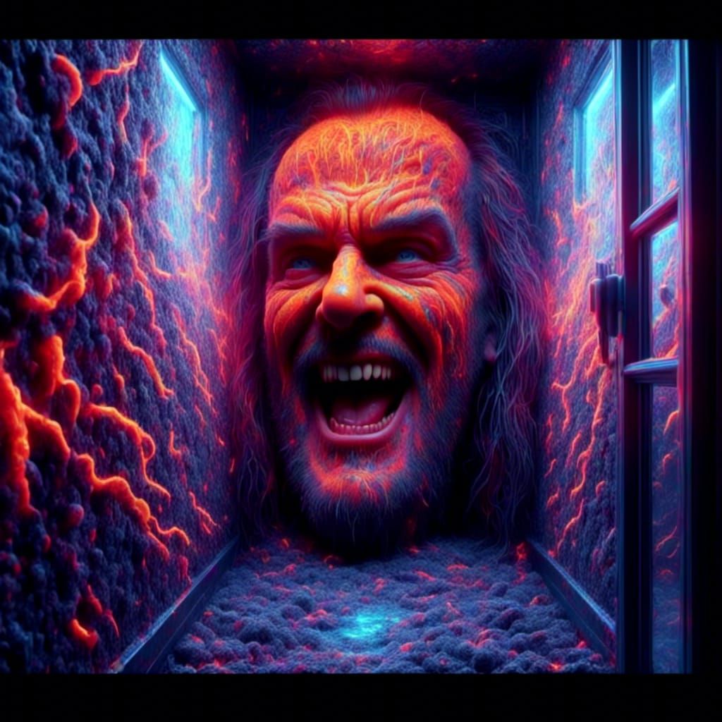 Jack Nicholson the shining " here's Johnny " face in the door <lora:Darken:1.0> <lora:Psywolf:1.0> <lora:Omnious:1.0> <l...