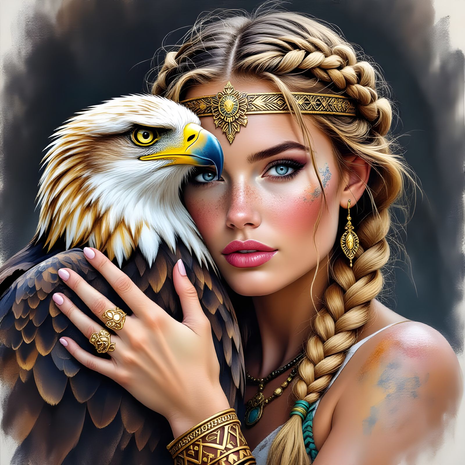Woman with Golden Eagle: Colorful Charcoal Sketch