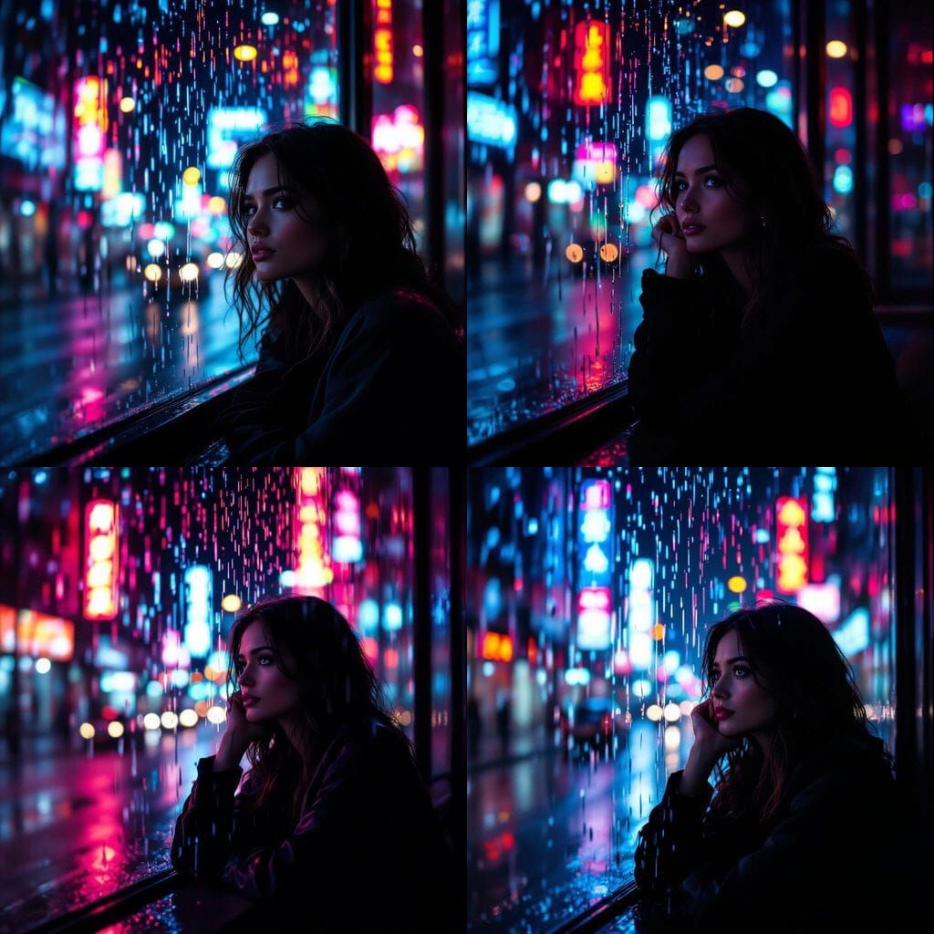 Woman Contemplates Rainy Night Cityscape
