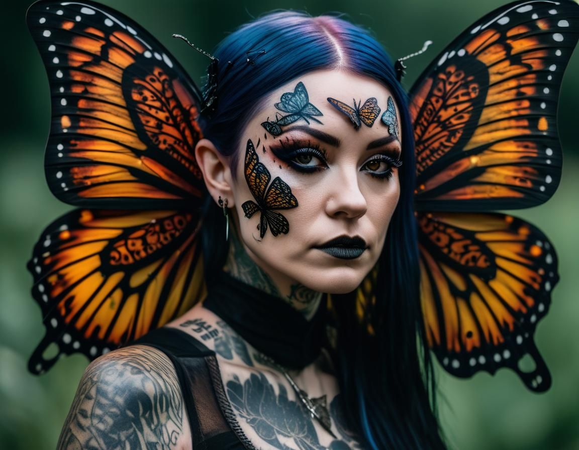 A goth Fairy, heavily tattooed, her butterfly wings made of ...