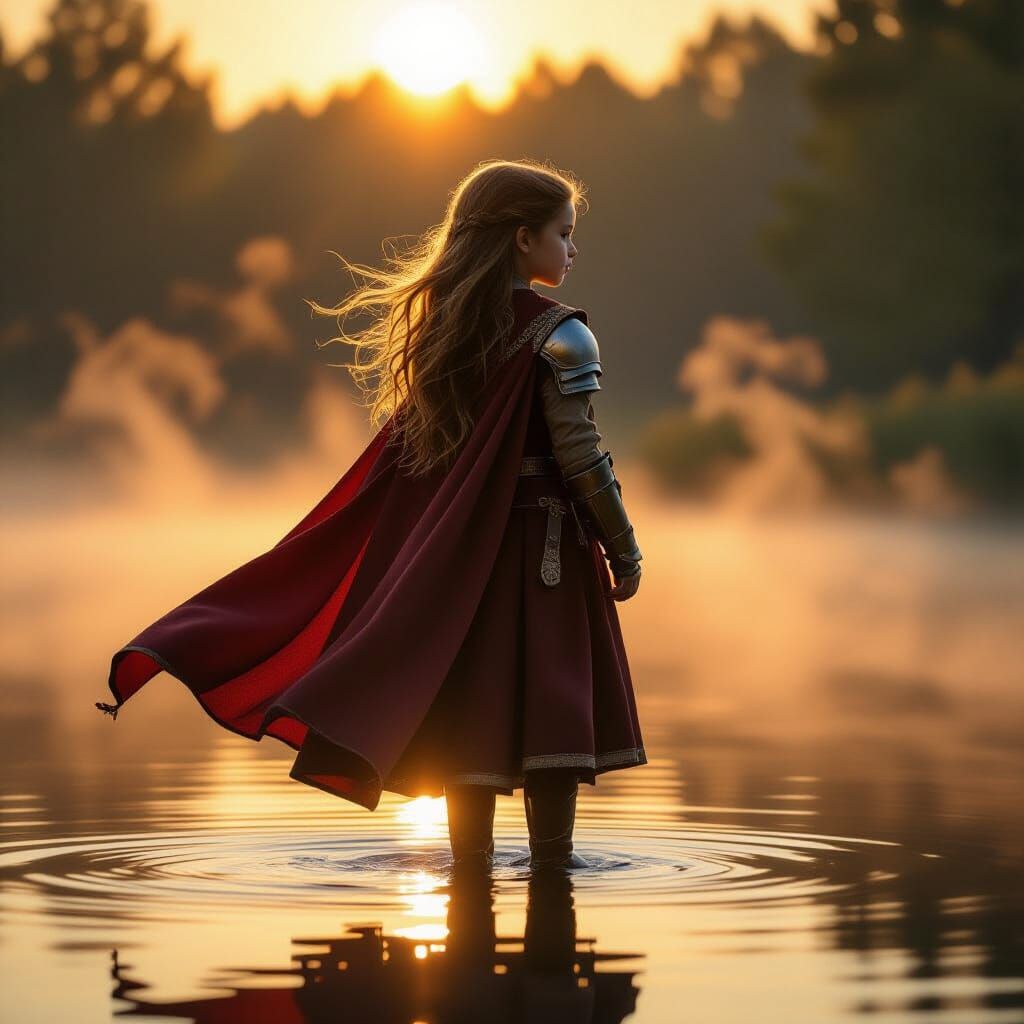 Girl in Knightly Cape on Misty Lake at Golden Hour