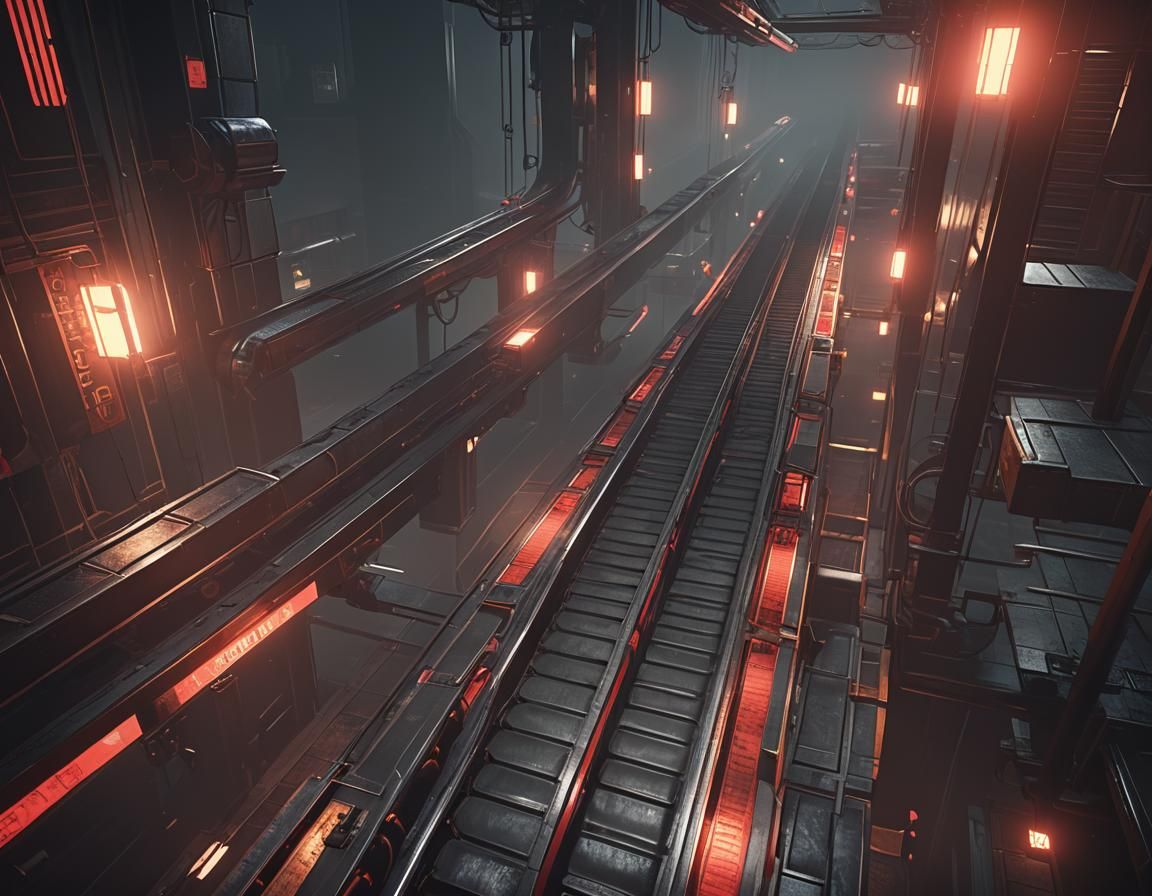 Not far from you you notice a conveyor belt. A dark ribbon s...