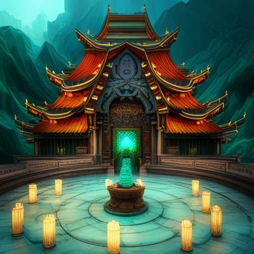 Solemn Turquoise Temple Sanctuary in Detailed Matte Painting
