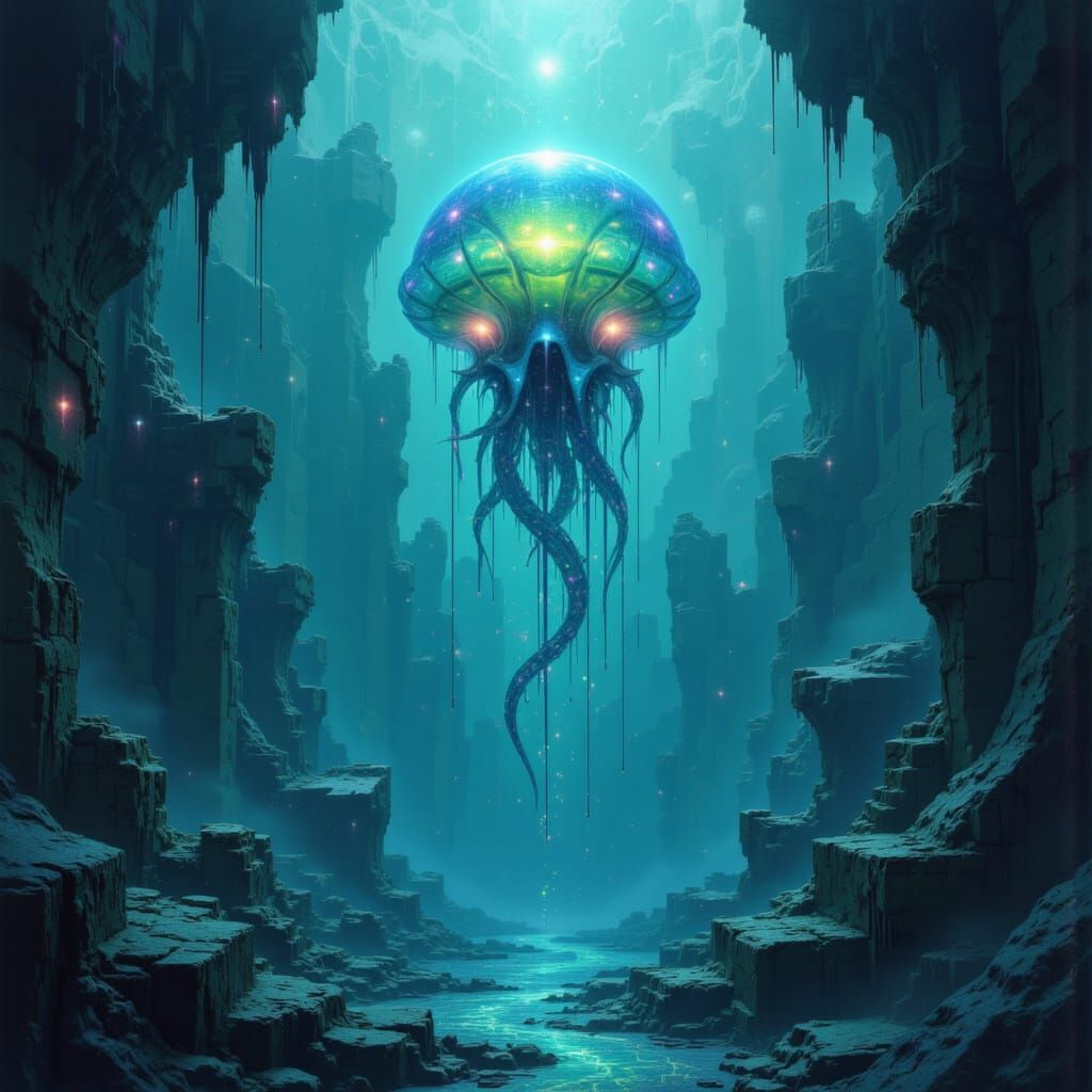 <lora:Muse:1.0> A bioluminescent jellyfish floats serenely through a vast, underwater cityscape, its tentacles trailing glowing particles as...