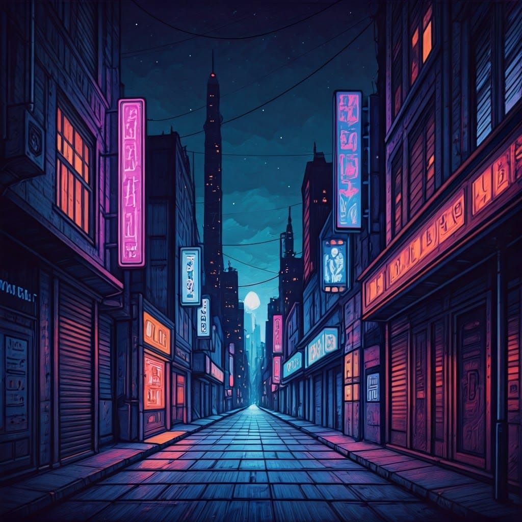 simplistic doodle of neon-lit futuristic city at night, colo...