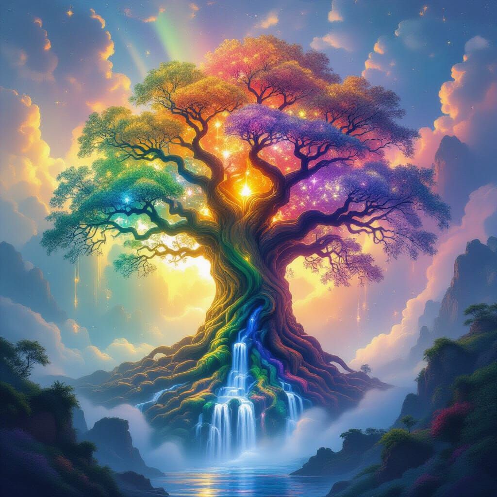 Rainbow Tree With Flowing Waterfalls - Fantasy Art