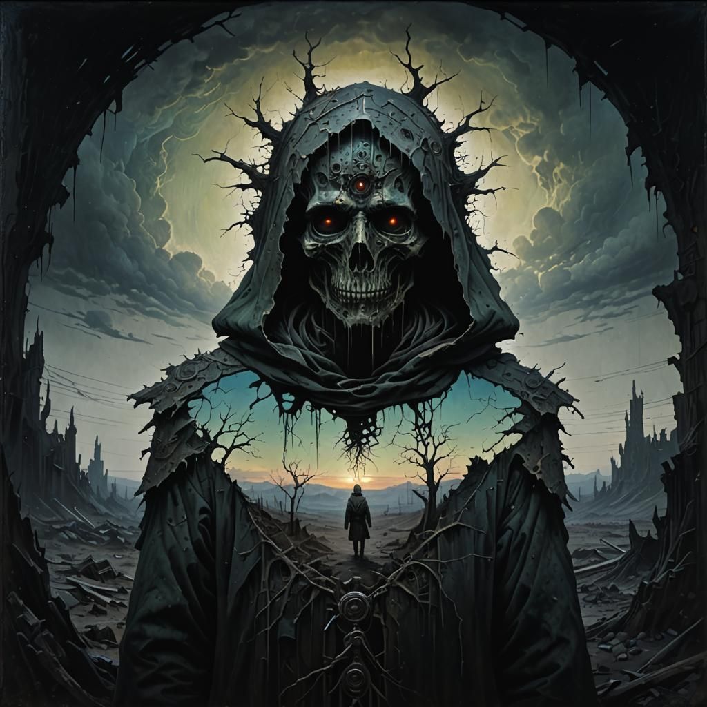 An old oil painting of a lady in the style of  HR Giger. 