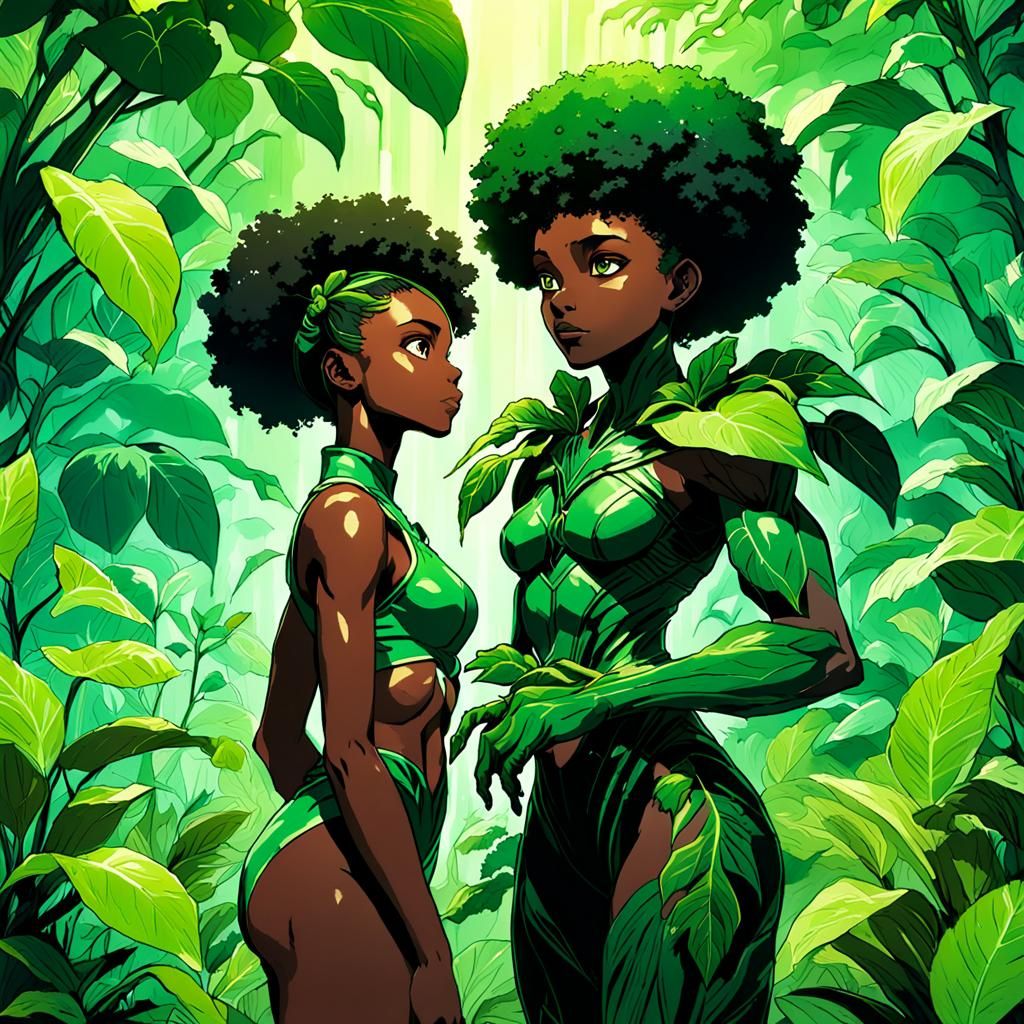 Majestic Plant Giant Holding Woman: Anime Cel-Shaded Art