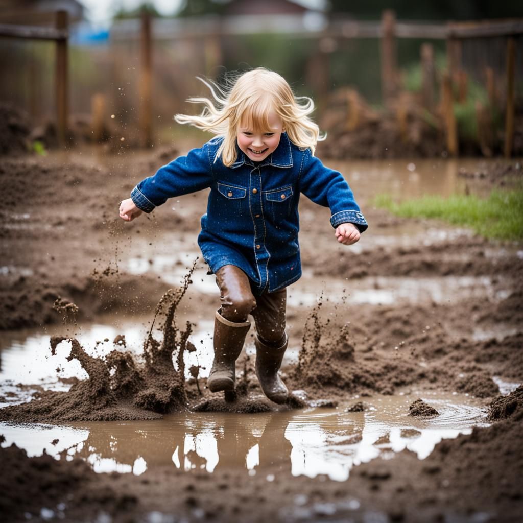 Beautiful blond haired 3 year old girl stomping in mud puddle.  by @Karen Williams