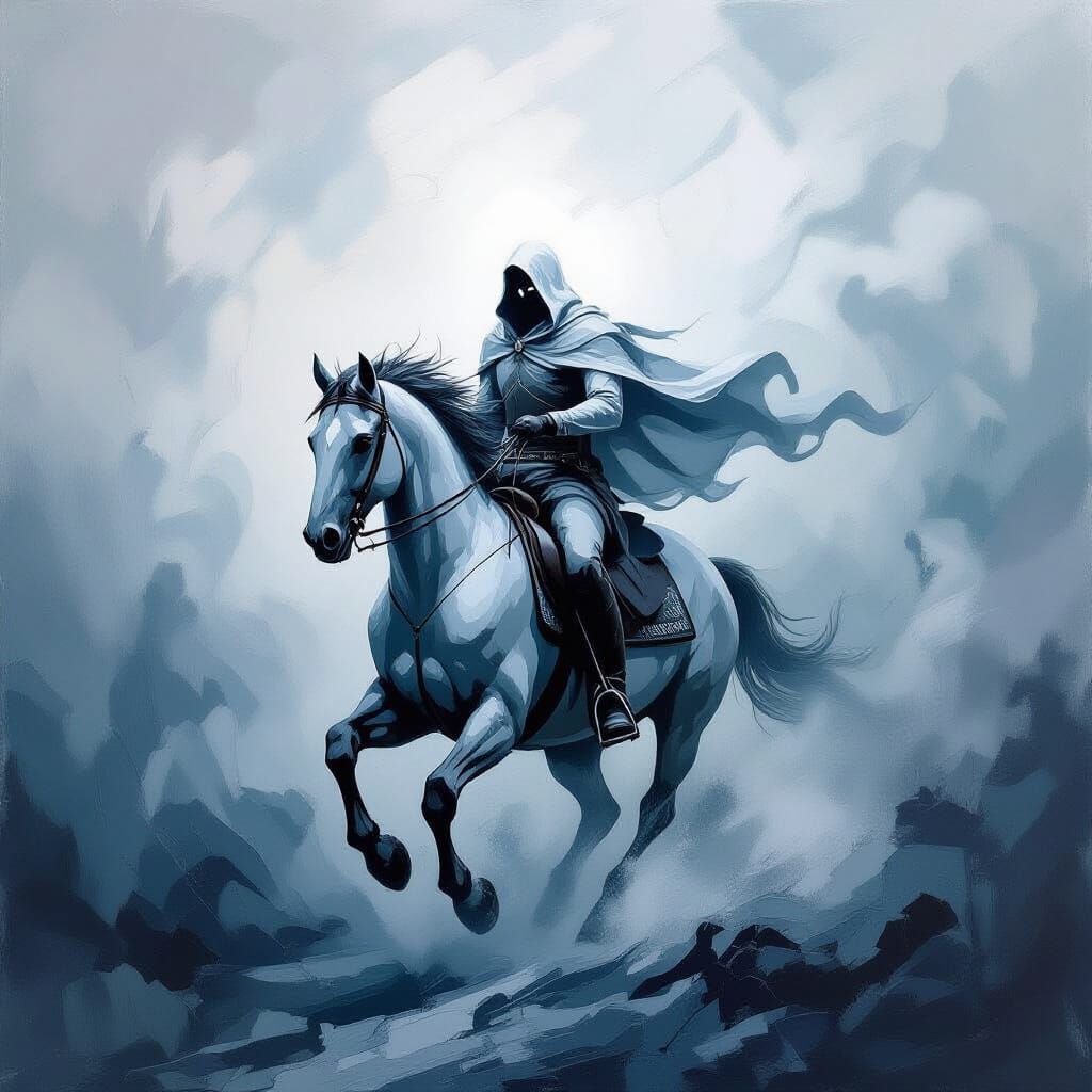 A white horse with flowing mane gallops through swirling storm clouds, its form dissolving into mist and vapour. Dynamic brushstrokes create... - Start Image 1