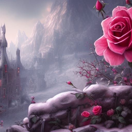 Roses in the snow detailed matte painting, deep color, fantastical
