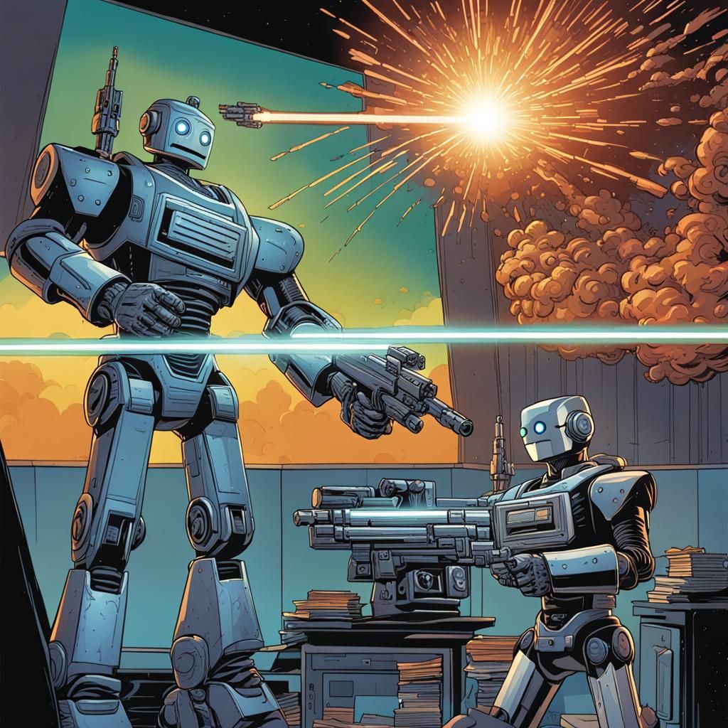 Ad Infinitum scene of robot firing a laser gun at a robot on...