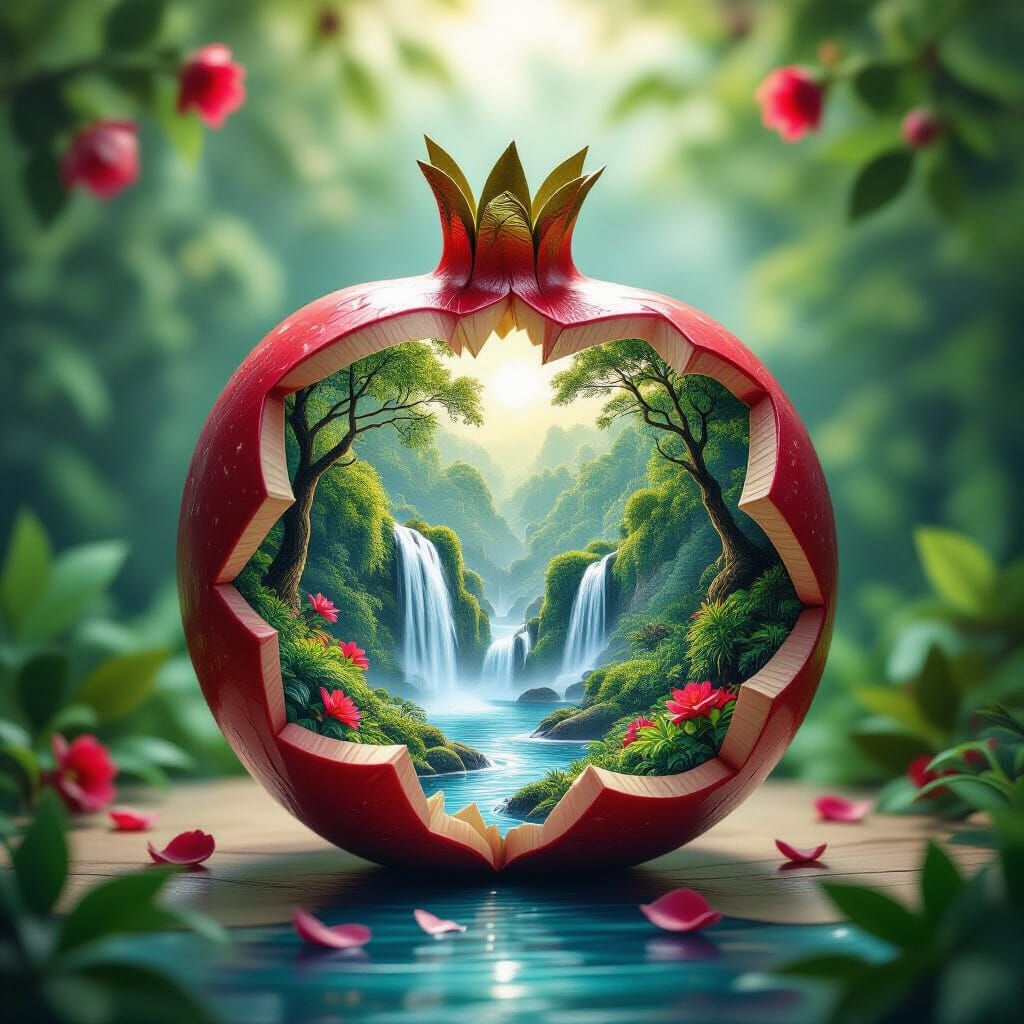 Magical Hyperrealistic Pomegranate With Lush Jungles and Wat...