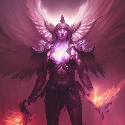 Demonic warrior, wreathed in purple flame, harbinger of hell, catalyst ...