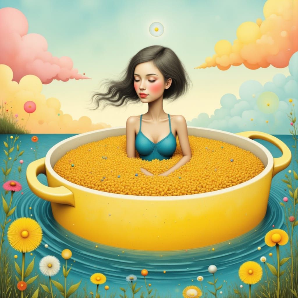 <lora:Surreal Happiness:1.0> <lora:art:1.0> A digital illustration of a surreal pool inside a vintage Casserole dish, filled with mac and ch...