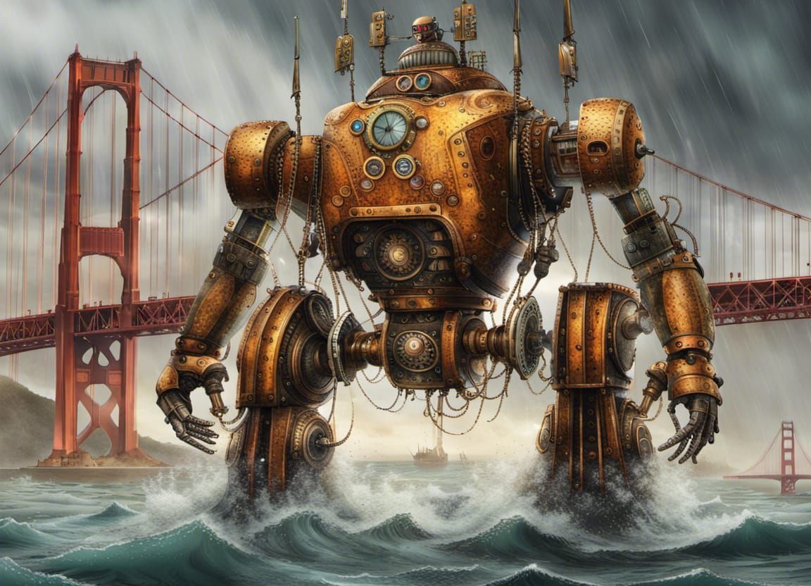 A giant war robot emerges from the Bay.