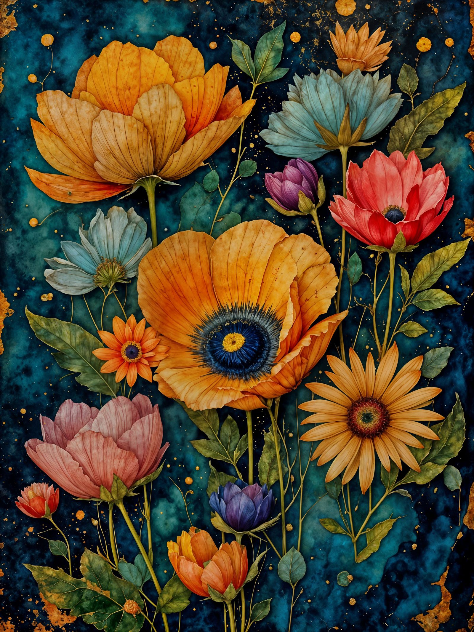 Botanical Flora Monotype, deep jewel tones: artistic & painterly, texture and grunge, encaustic aesthetic, ...  by @g r r c