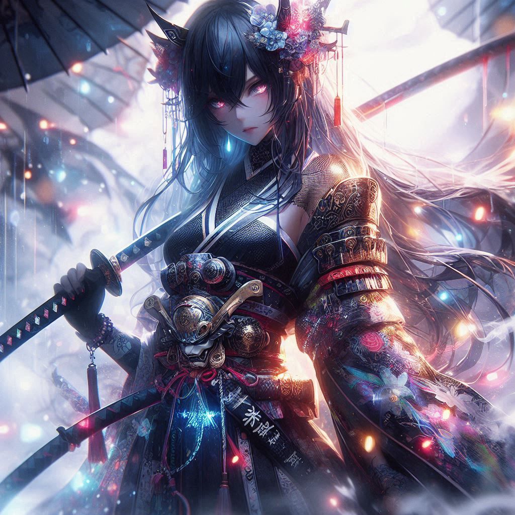 Demonic anime woman, katana, neon, dark fantasy