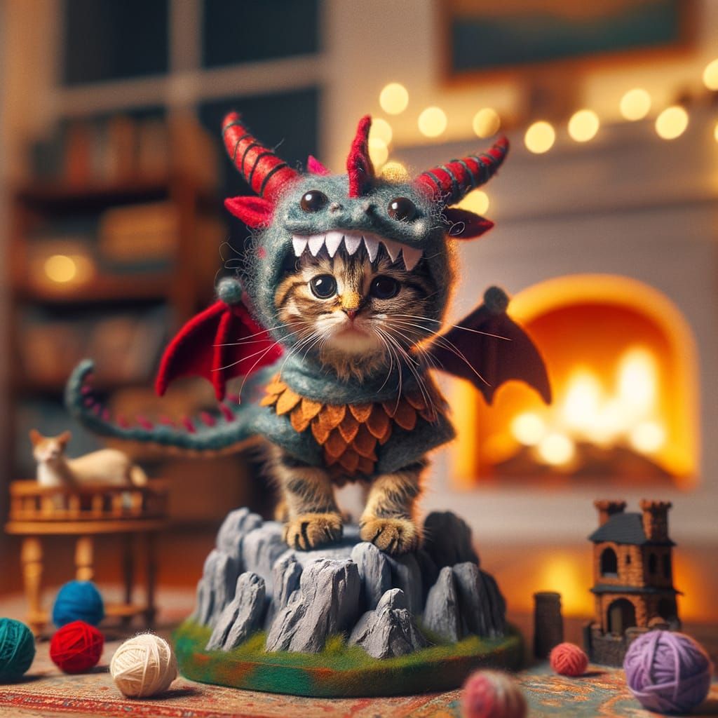 A small, domestic cat wearing an elaborate, oversized dragon costume, complete with tiny felt wings and ...  by @Hereami