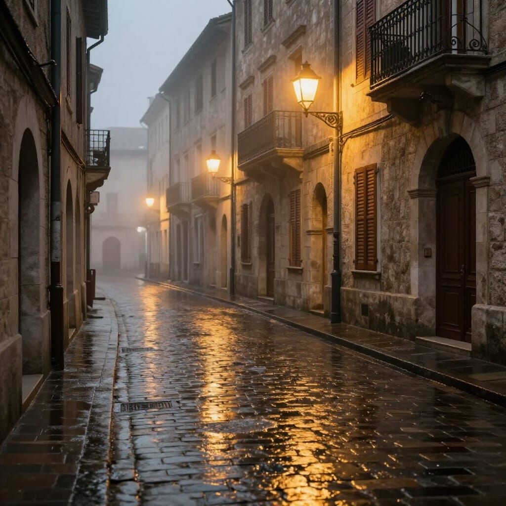 A quiet European old city street after rainfall, narrow cobblestone road glistening with water, warm ...  by @Fares 0880
