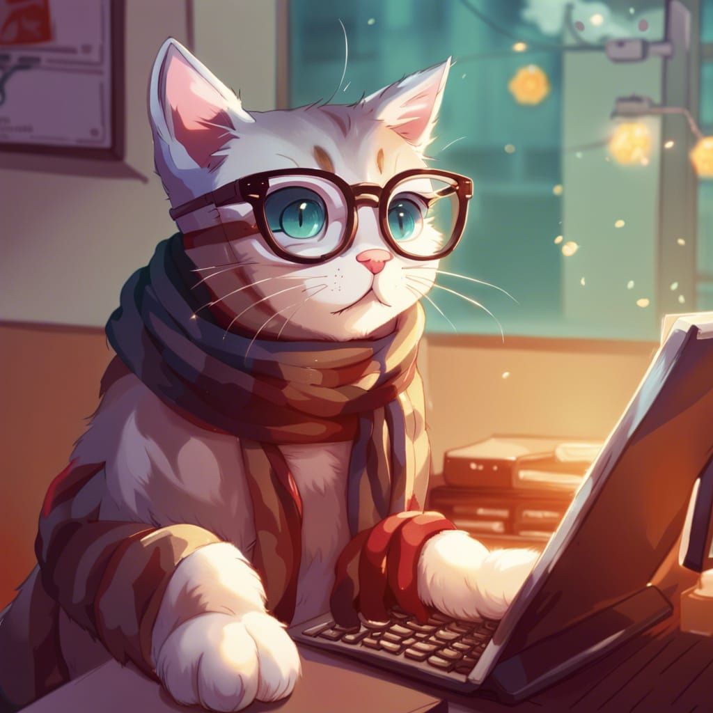 Adorable Cat wearing glasses and a scarf looking at a comput...
