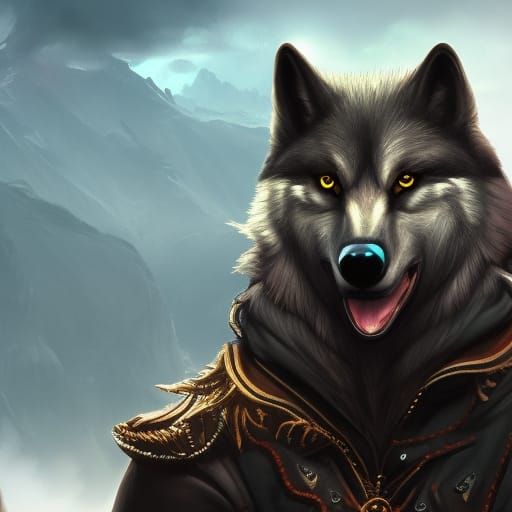 noble black anthropomorphic wolf wearing aviator clothing