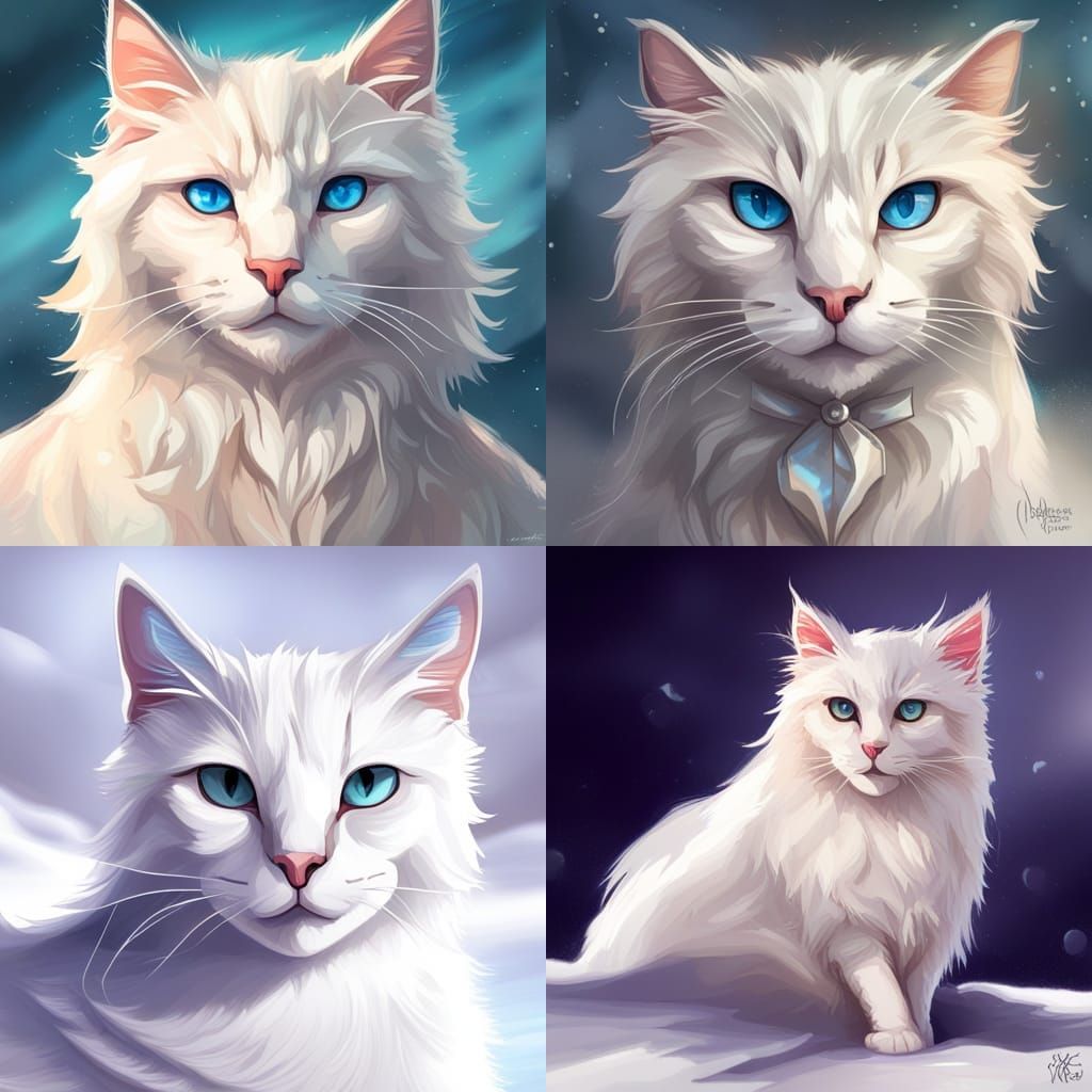 White cat with sky blue eyes sitting in the snow