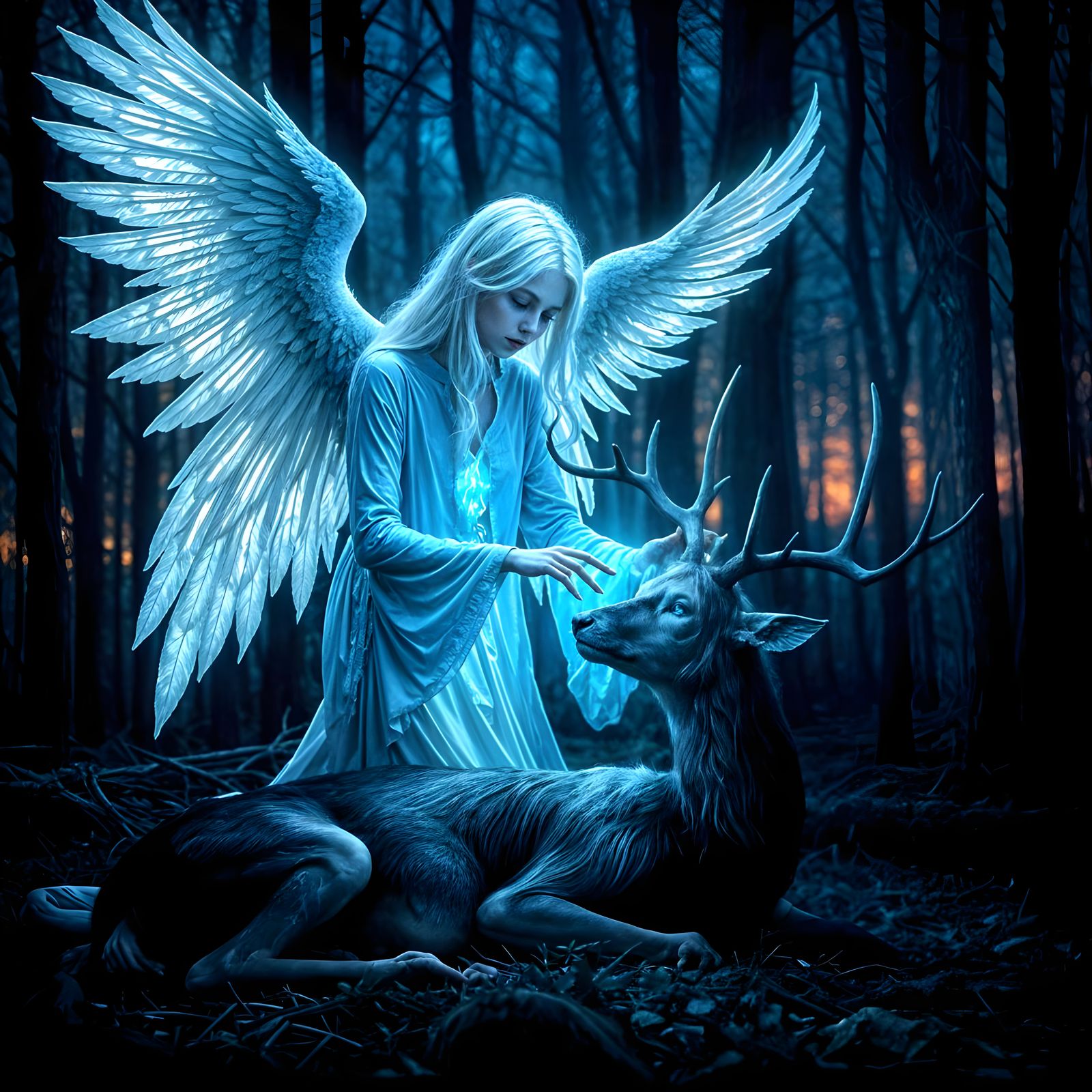 Angel of Death: Serene Angel of Death touching the soul of a dying deer in a twilight forest  by @nishinishand
