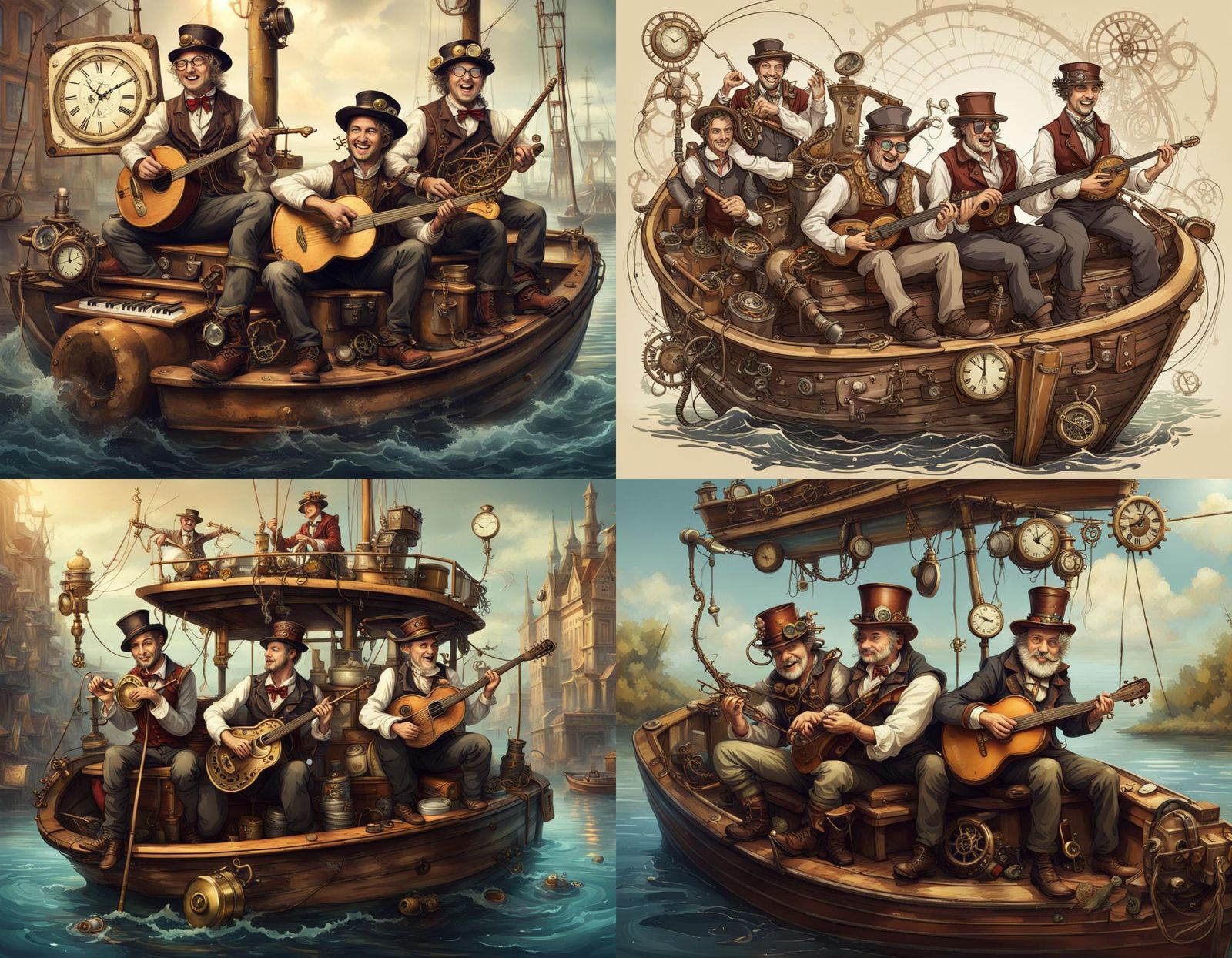 Cheerful musicians fishing on a boat, time machine, steampun...