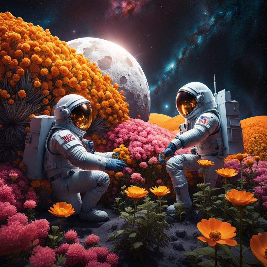 Three men in spacesuits tending to the flowers in a geodesic...