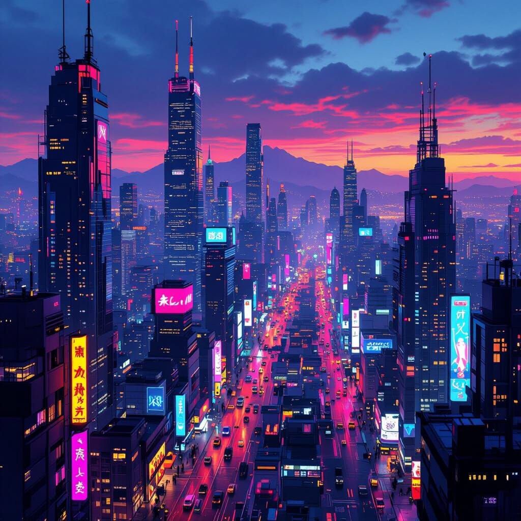 Neon Tokyo Cityscape in Cyberpunk Style