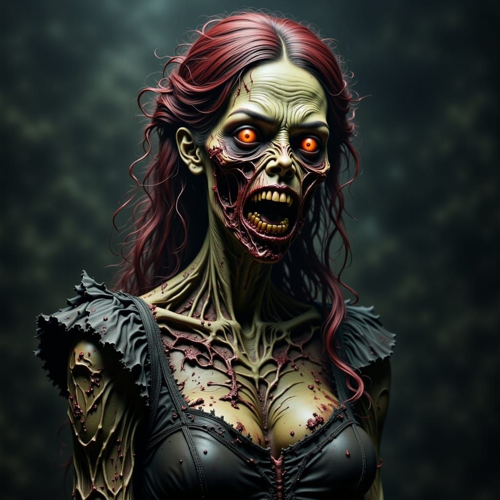 A terrifying ultra-detailed half body portrait of a female zombie with rotting, peeling flesh and exposed muscle. Her hollow, RED glowing ey...