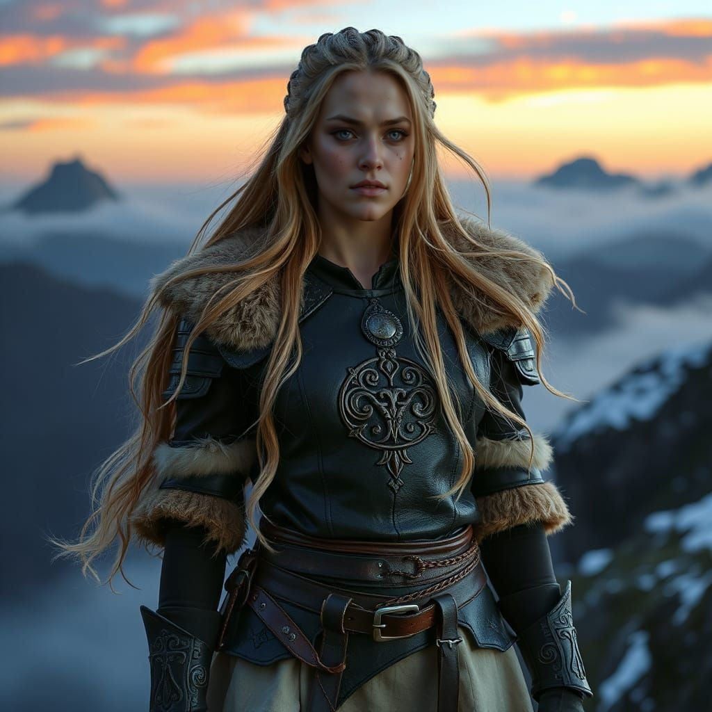  Hervor Alvitr, a young Norse Valkyrie with a regal and elegant face resembling Bridget Hall, stands on a misty cliff at twilight. She wears...