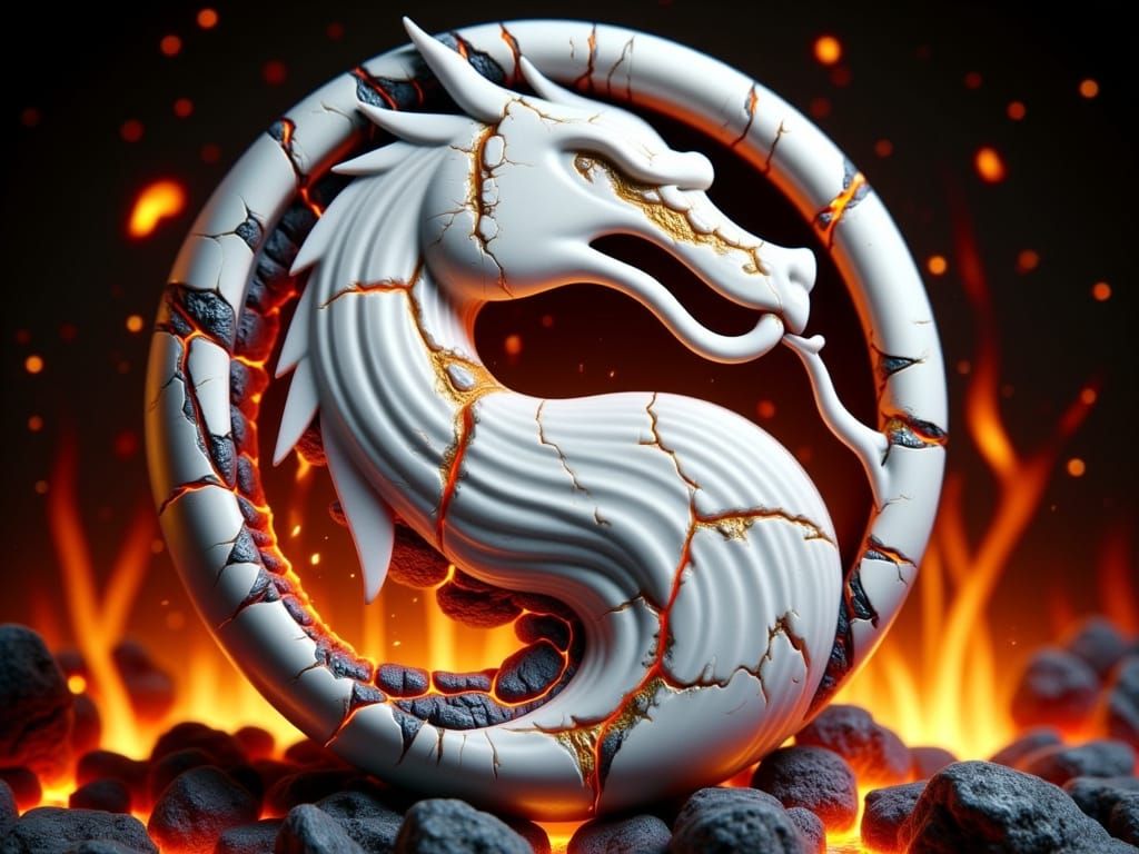 <lora:Magmafication Flux:1.0> A three-dimensional porcelain sculpture of the Mortal Kombat dragon emblem is displayed against a dark backdro...