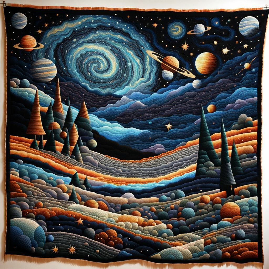 Woven Tapestry Surrealism, patch work woven stunning mystery galactic night