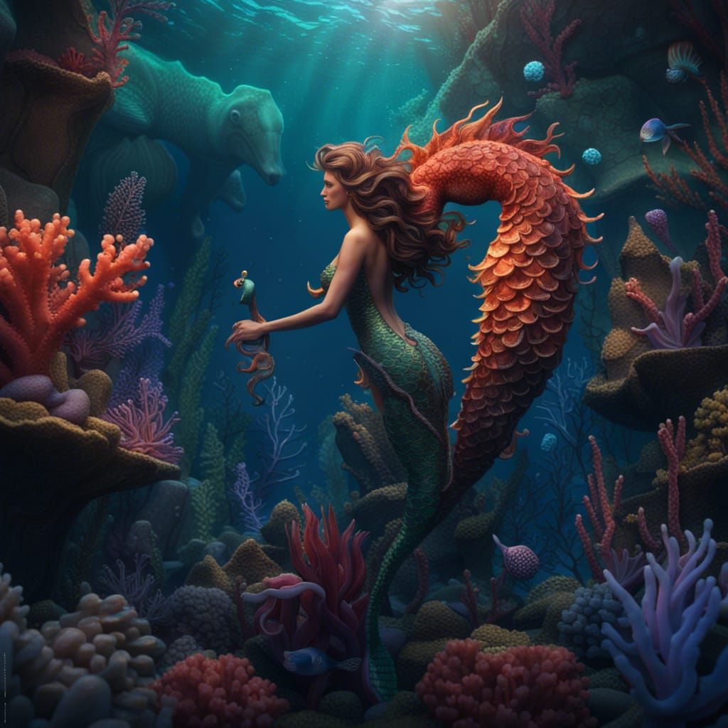 sea horse and beautiful mermaid - AI Generated Artwork - NightCafe Creator