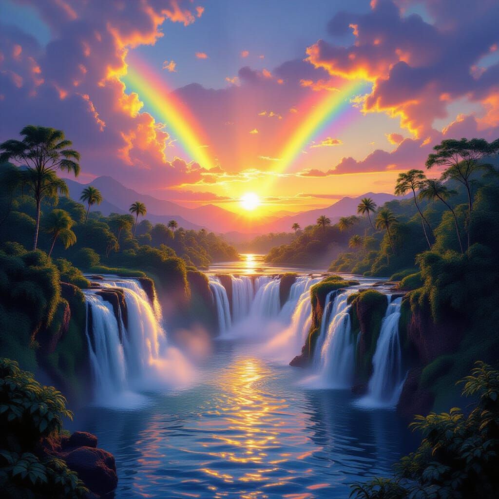 Vibrant Rainbow Sunrise Over Wild Jungle Waterfall Landscape