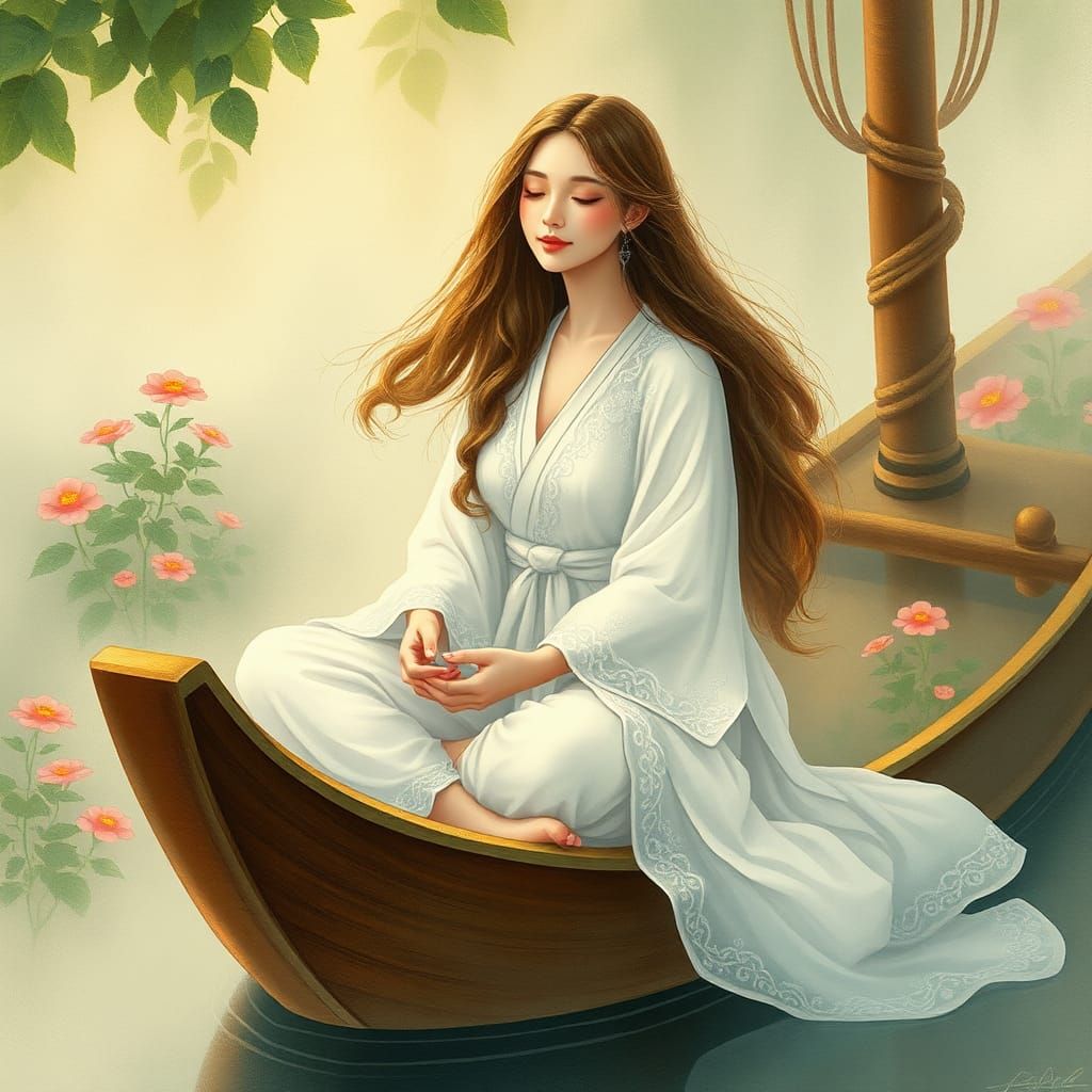 Serene Woman in Boat: Watercolor Fantasy