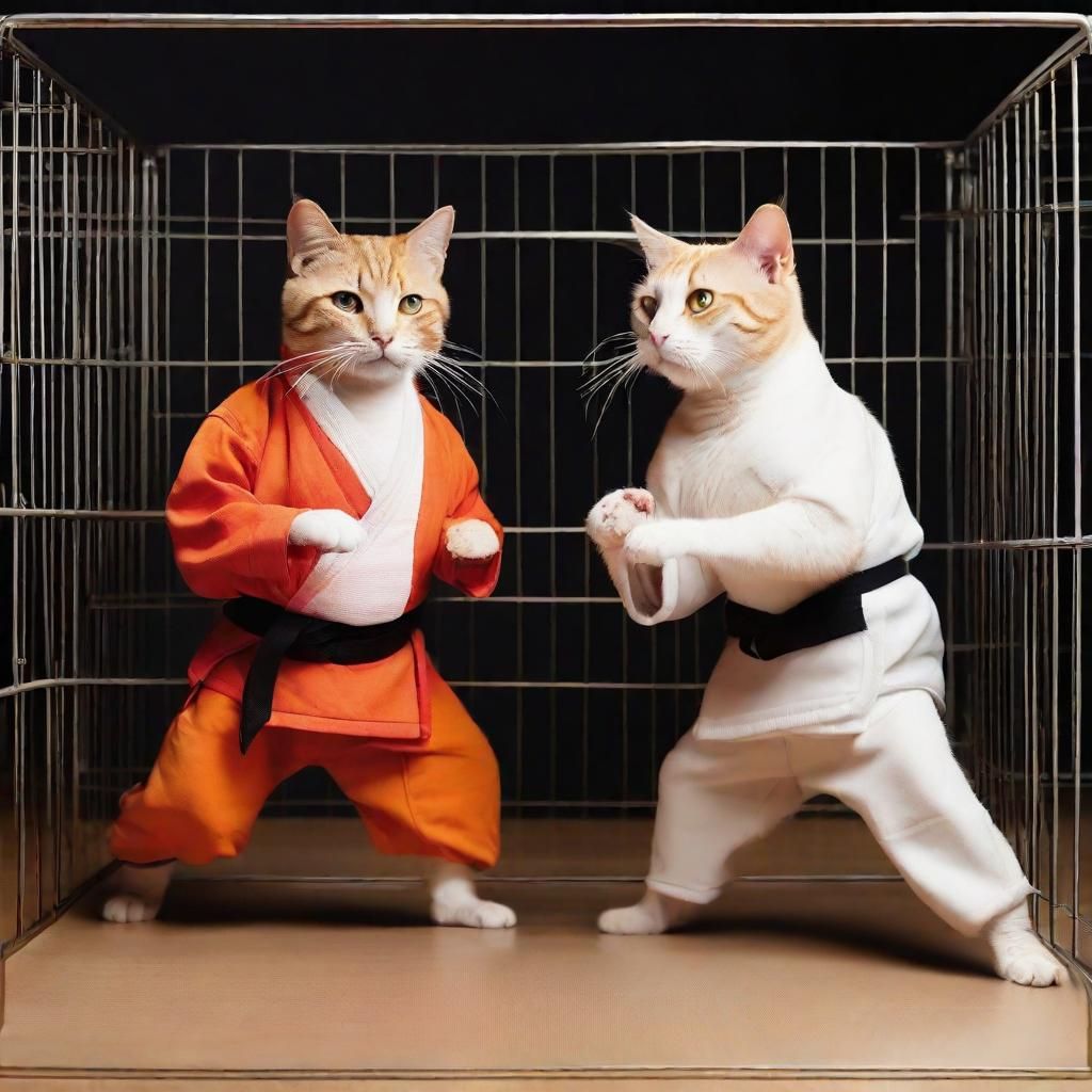 Bizarre, fiction, non-real, surreal: Two cats stand in a cag...