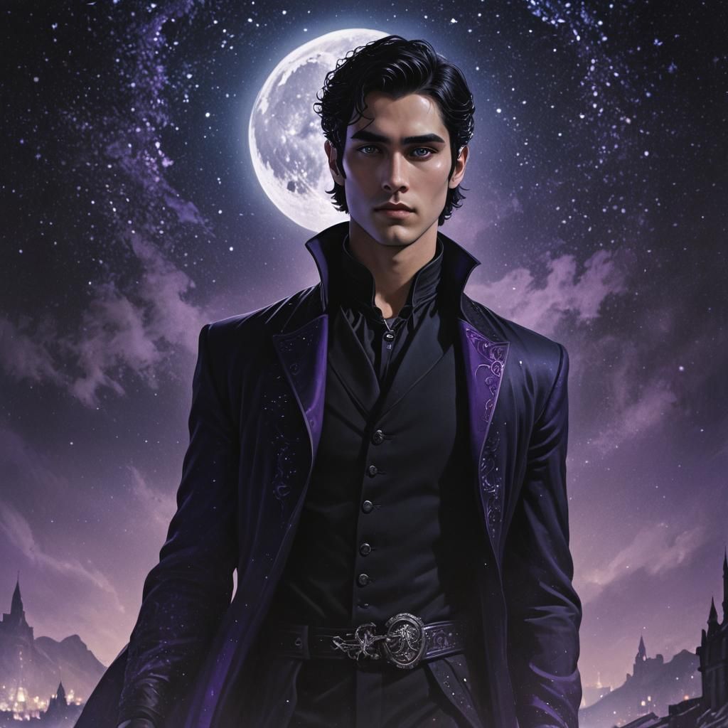 Rhysand from acotar.  Handsome tan face, beautiful but not feminine, ear length black hair, violet piercing eyes, wearing all black, moon an...