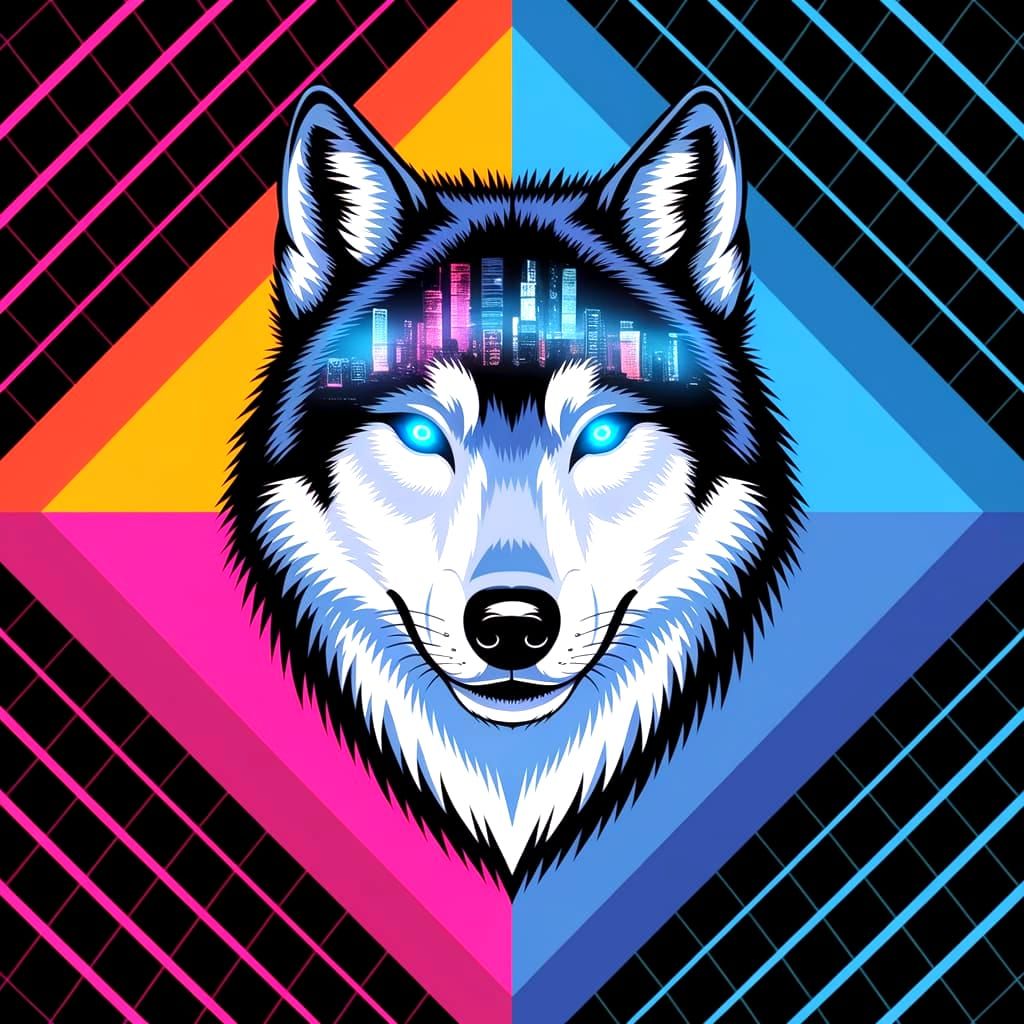 The Cyberpunk Wolf Dreams. Facing the viewer. Only the Wolf's head is visible, floating in the middle of the background. Poster design aesth...