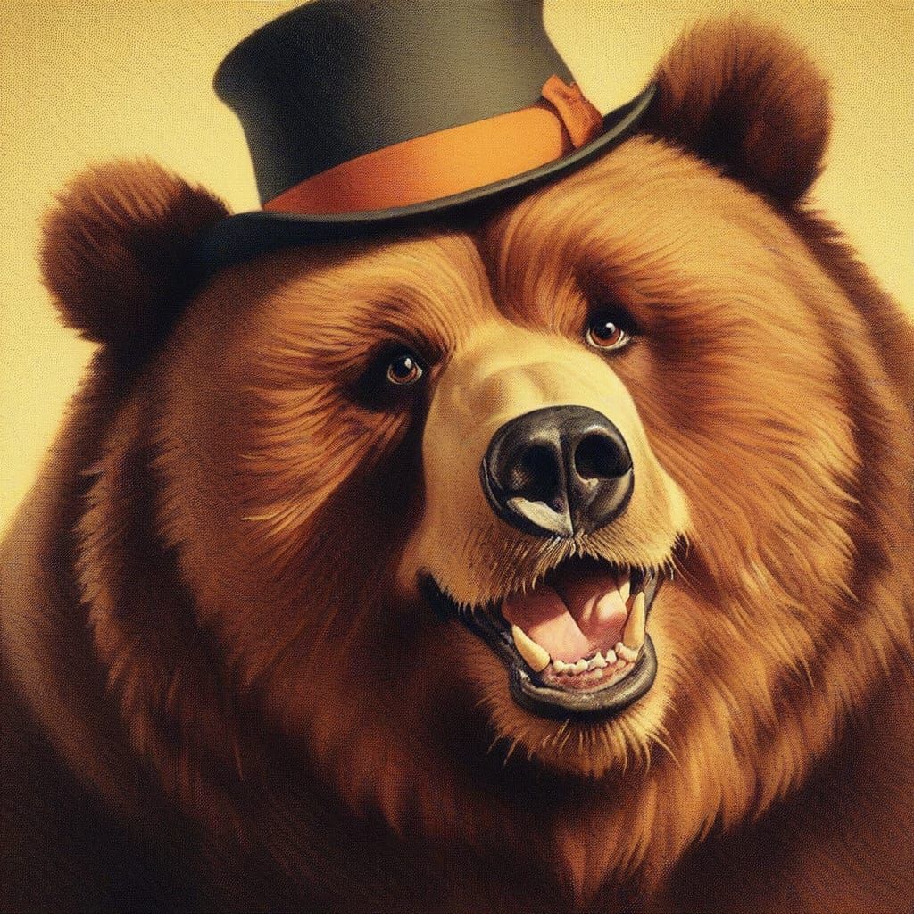 vintage Norman Rockwell style portrait: obese Kodiak Bear; looking at the viewer with suggesting excitement;

