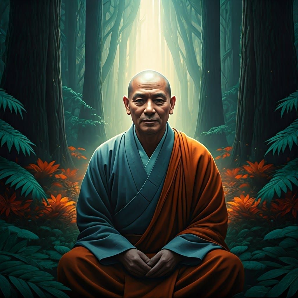 Serene Buddhist Monk in Misty Forest, Art Nouveau Style