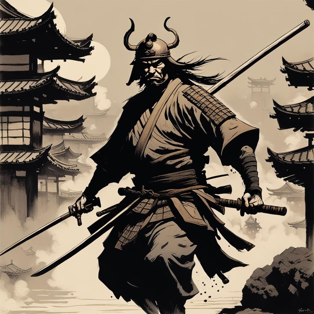 Craft an illustration in the style of Frank Frazetta depicting Japanese ...