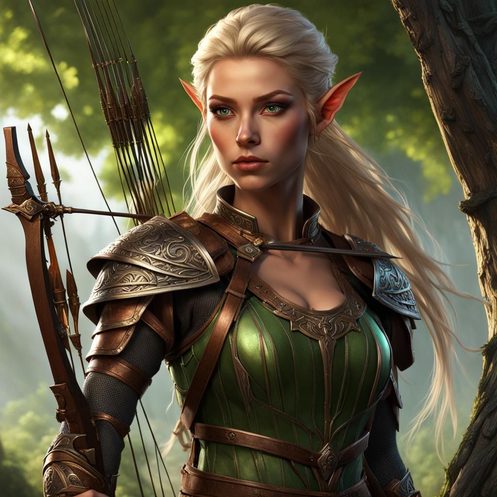 a pretty Wood Elf with dark copper skin. She holds a bow very pretty ...