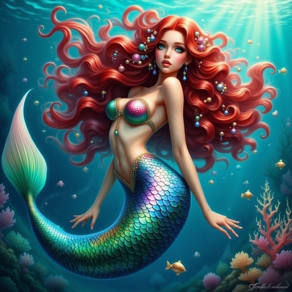 <lora:Flux Mermaid:1.0> realistic Beautiful mermaid, expressive detailed eyes, iridescent glittering colorful scales, red hair with seashell...