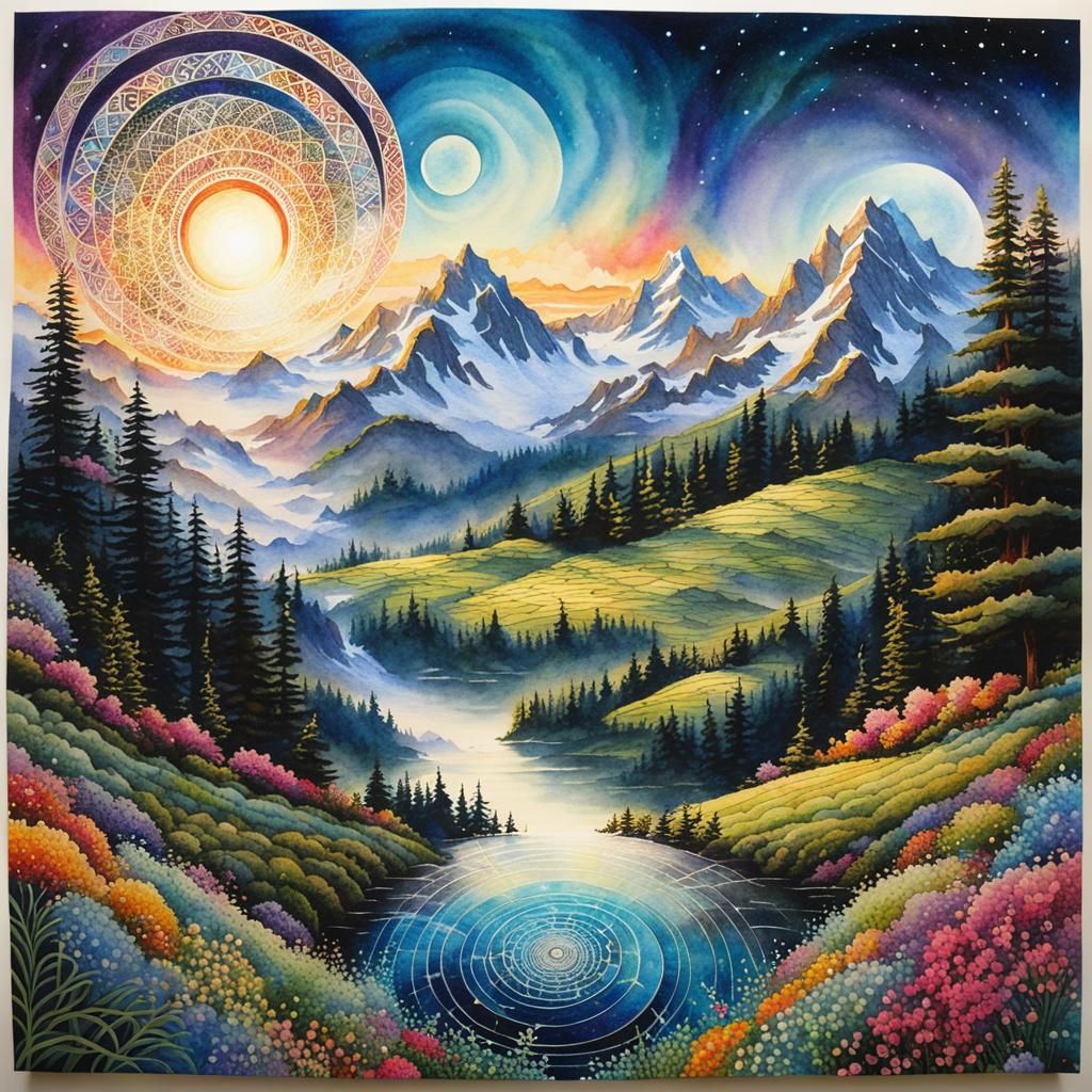 Sacred geometry art, spiralling circles landscape