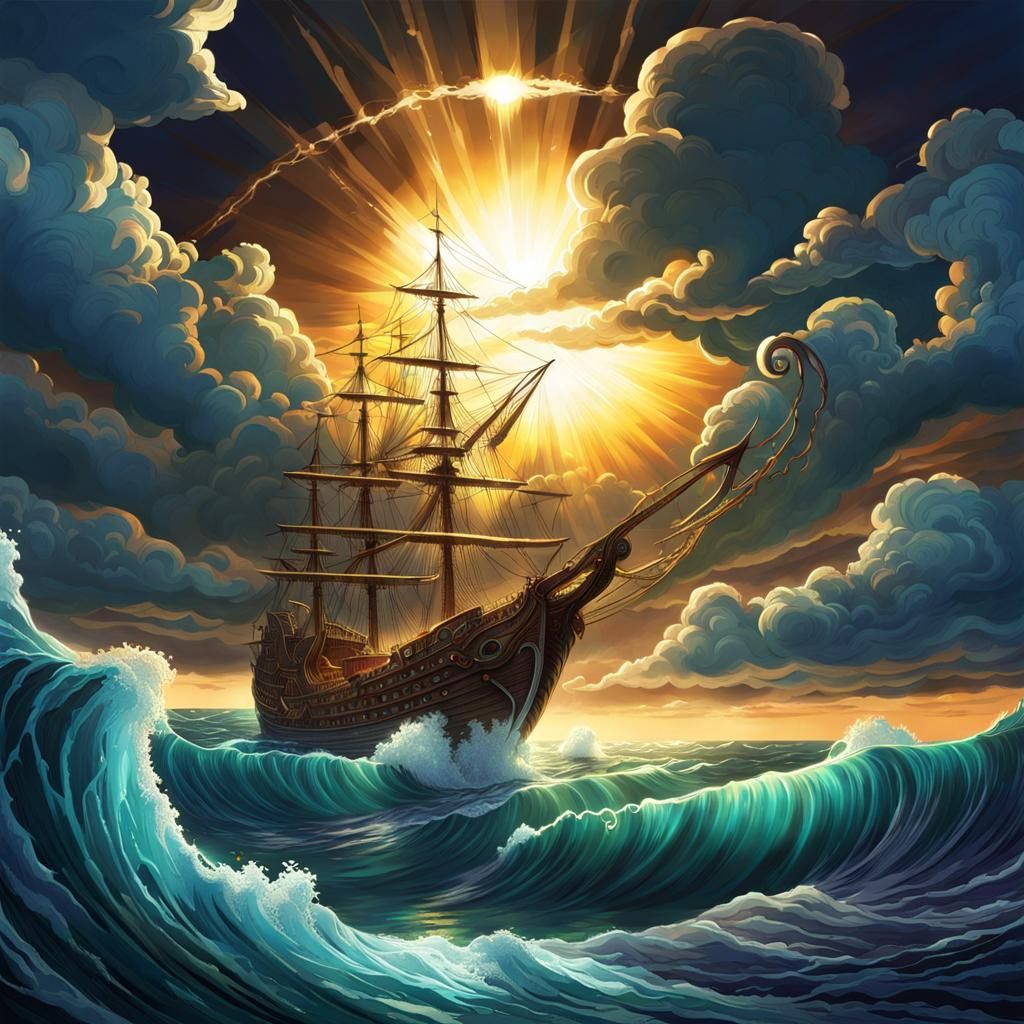 Mythical Kraken, Ocean, Sun, Sunrays, Clouds, Rain, Anime by...